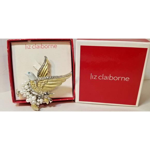 Vintage Liz Claiborne Rhinestone & Pearl Dove of Peace Brooch/Pin New In Box - Picture 2 of 6